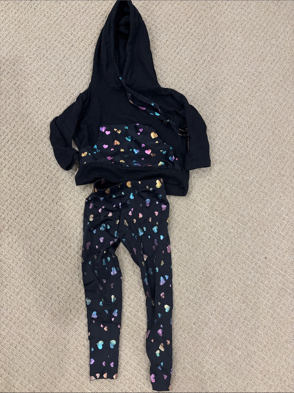Kids Black Hoodie & Legging Set with Multicolor Heart Print